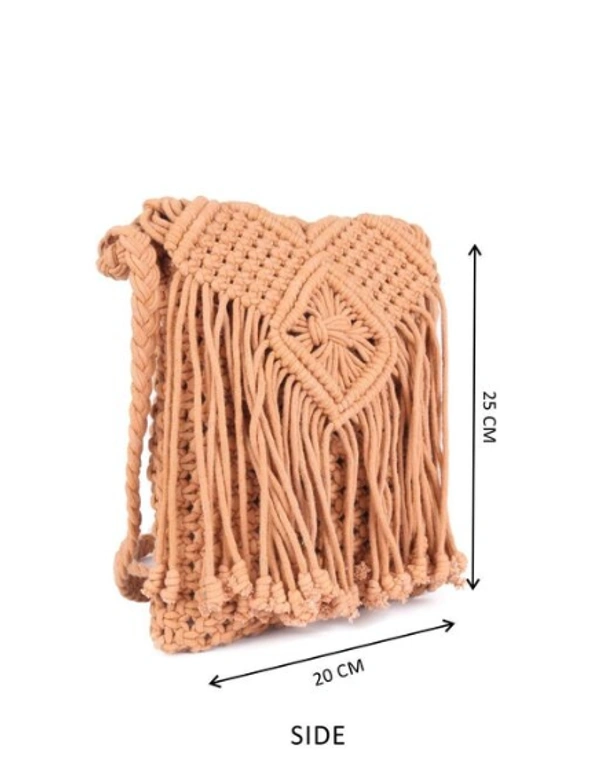 ASTRID Brown  Macrame Sling Bag With Flapover Fringes  - Free Size, Pink, Macrame, Pack of1